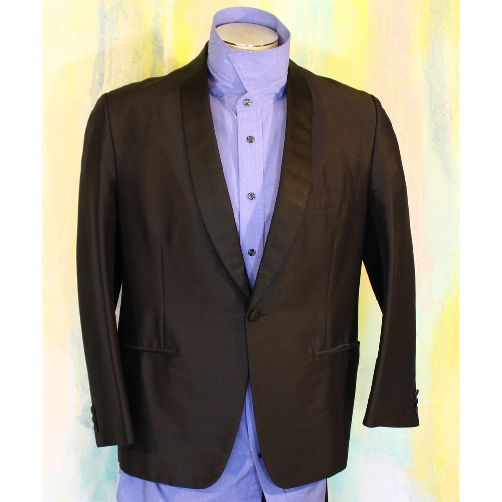 $600 Bespoke Black Mens Tuxedo JAMES BOND‎ Vtg 1966 Wool Satin Shawl 41S 1966 41